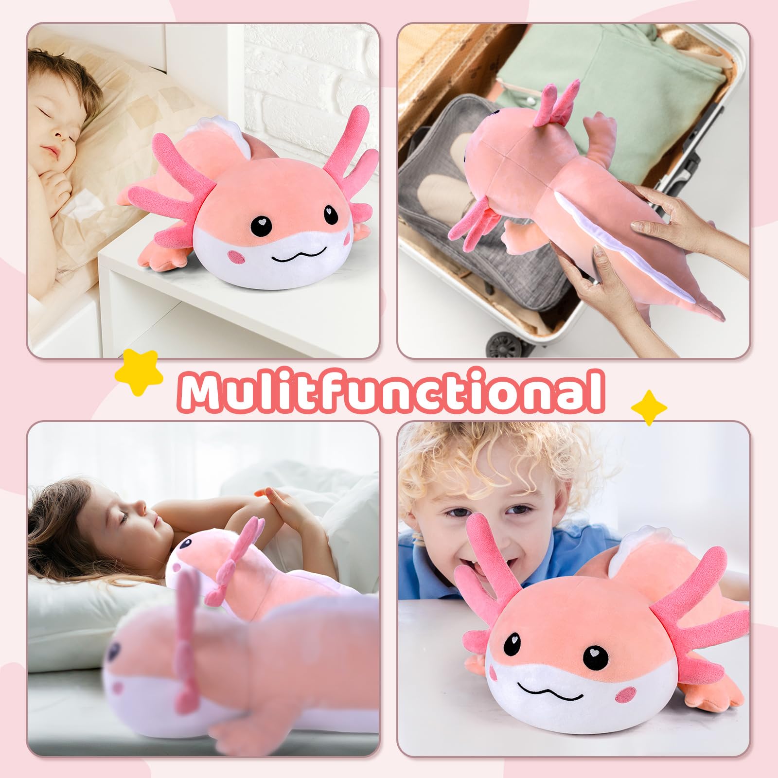 Puffpals weighted axolotl bedside-use, perfect for couch or bed.