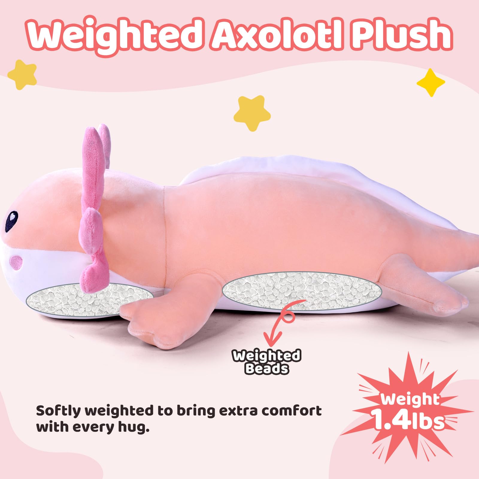 Puffpals weighted axolotl toy, side view, adds comforting weight for stress relief.