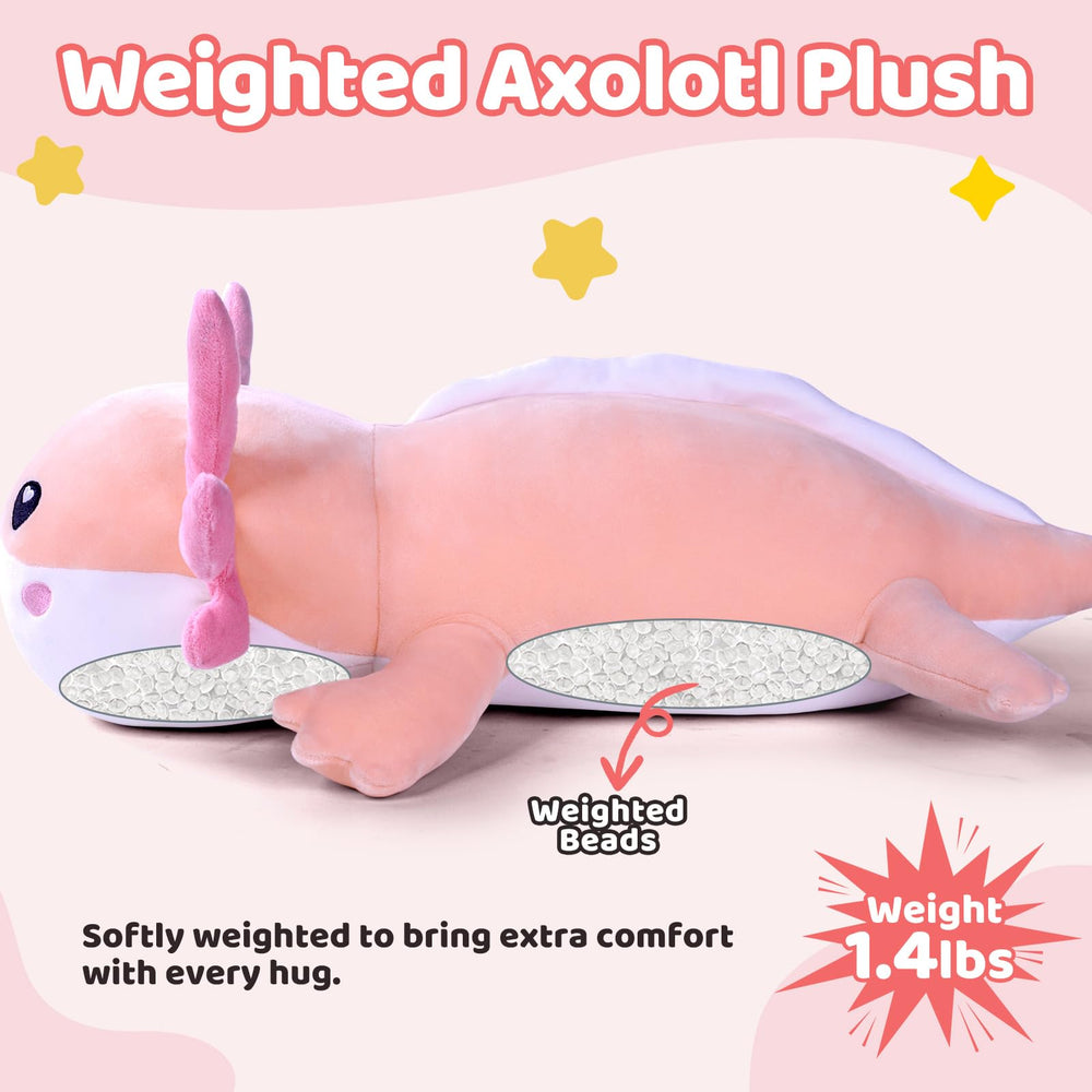 Puffpals weighted axolotl toy, side view, adds comforting weight for stress relief.