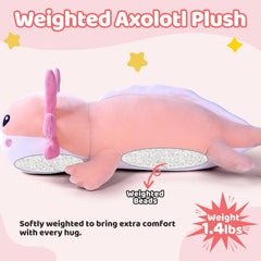 Puffpals weighted axolotl toy, side view, adds comforting weight for stress relief.