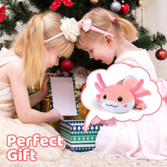 Puffpals weighted axolotl travel companion, easy to carry on trips.
