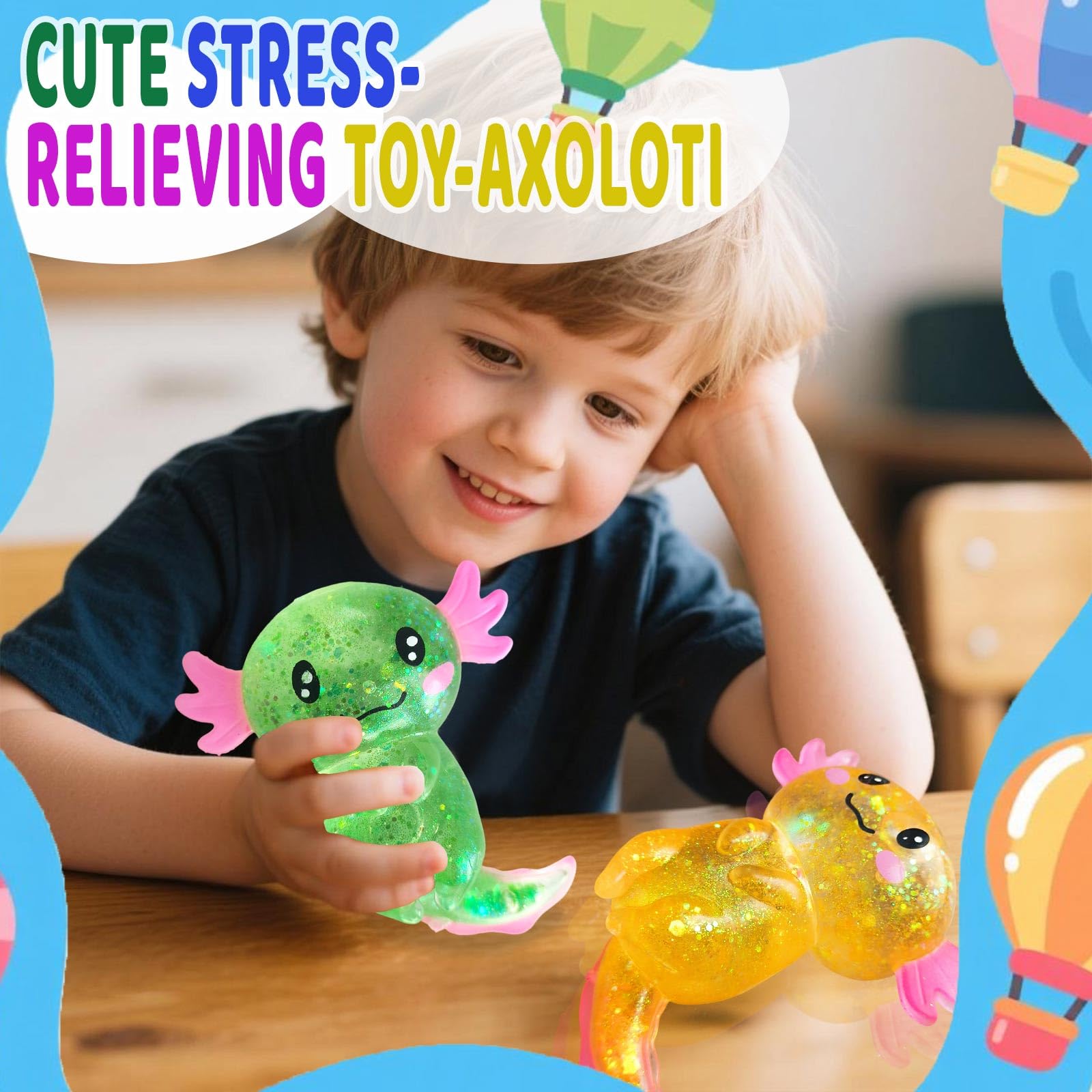 Puffwize Axolotl Squishy Blue glitter detailing appeals to kids and collectors.