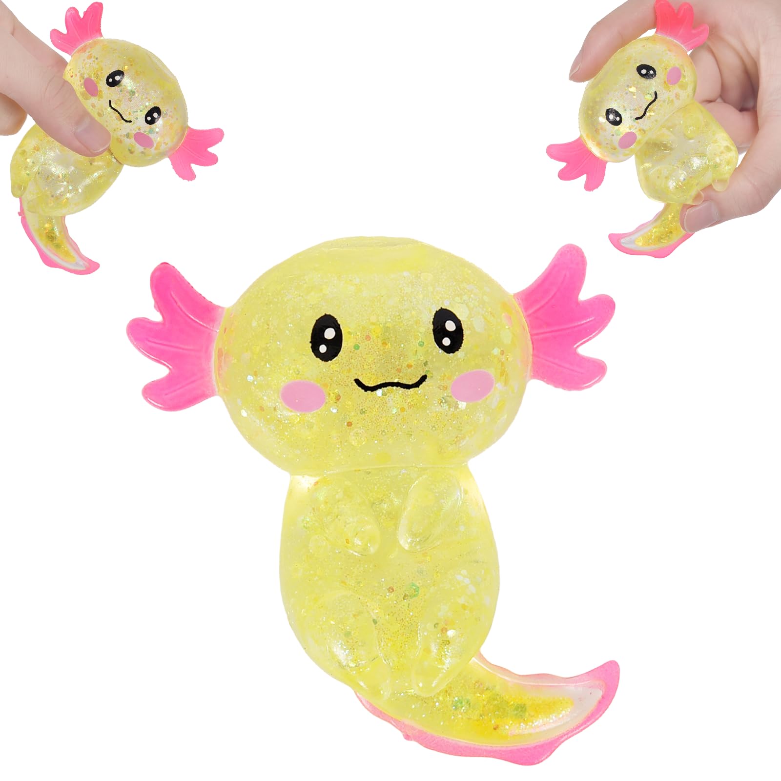 Puffwize Axolotl squishy toy in glitter yellow for stress relief.