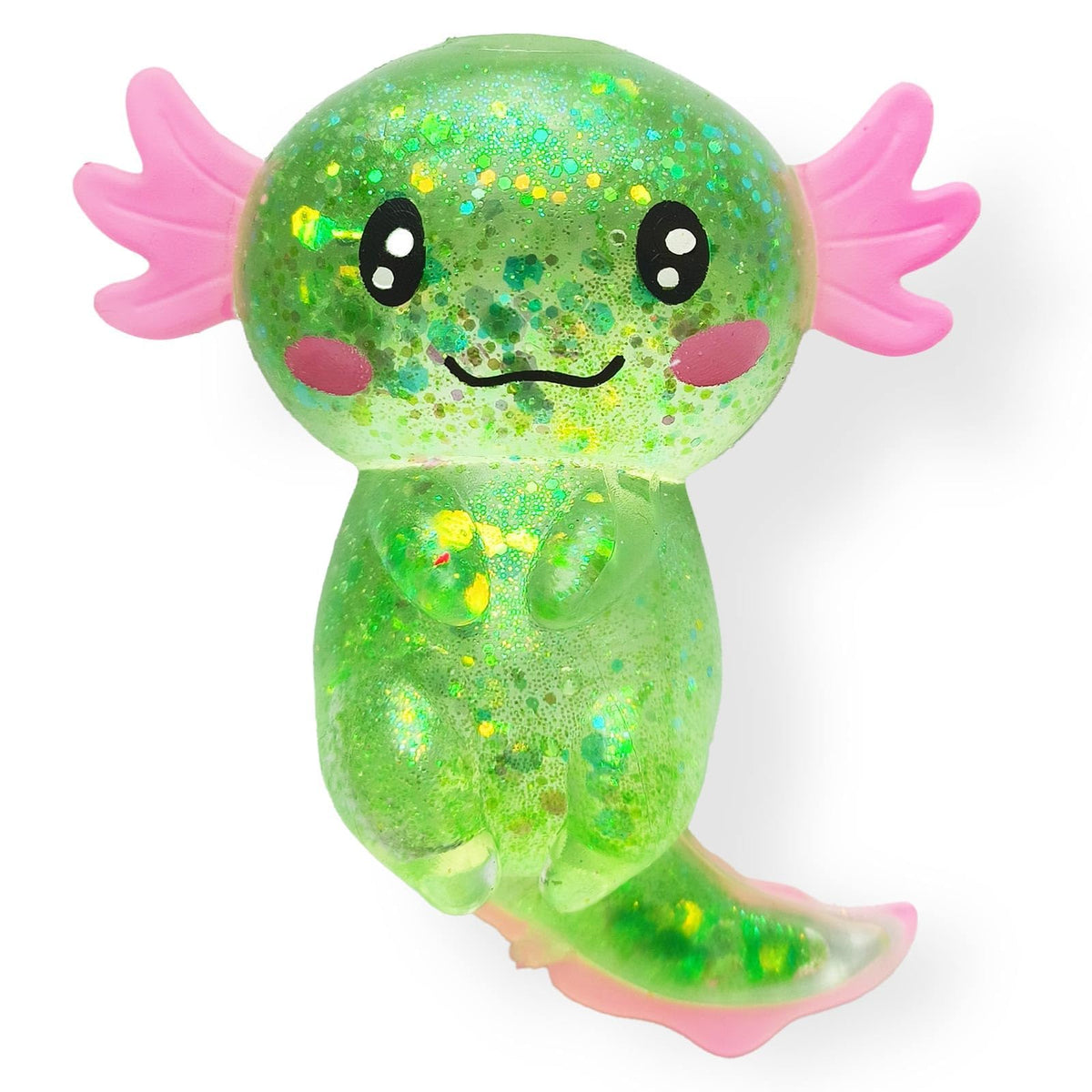 Puffwize Axolotl squishy stress relief toy in green glitter for calming tactile play.