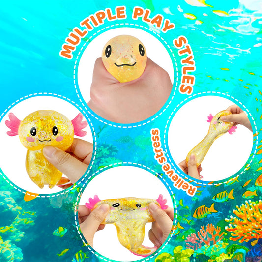 Puffwize axolotl squishy toy orange glitter detail, engaging texture for sensory play.