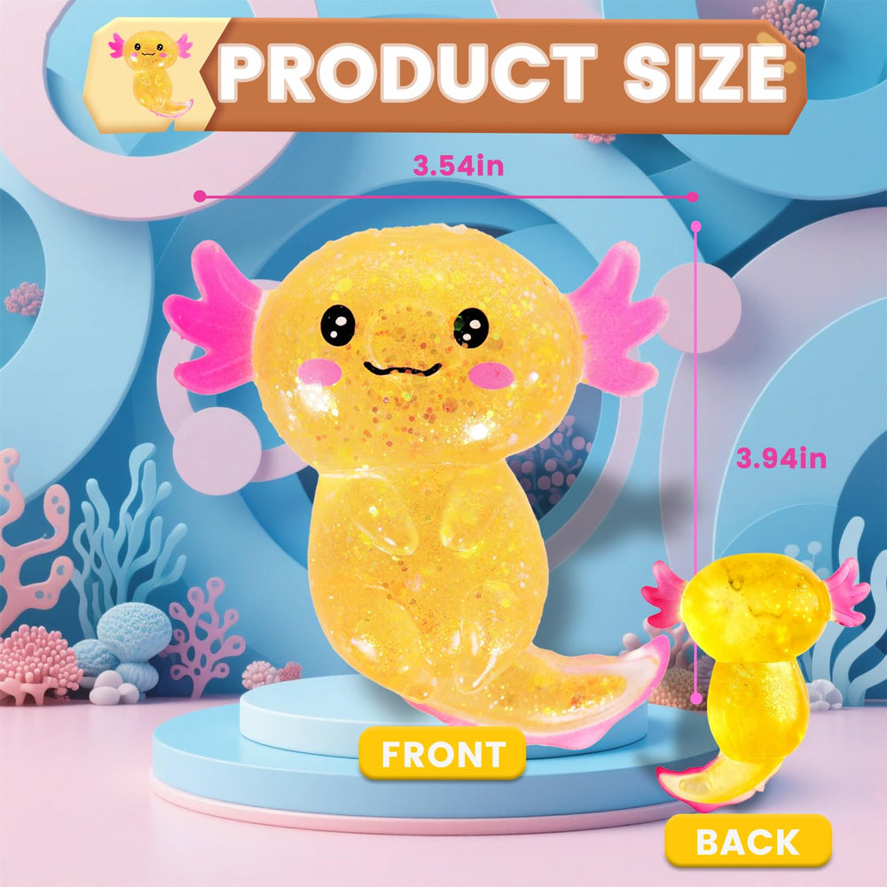 Puffwize axolotl squishy toy orange in-hand view, pocket-sized for on-the-go moments.