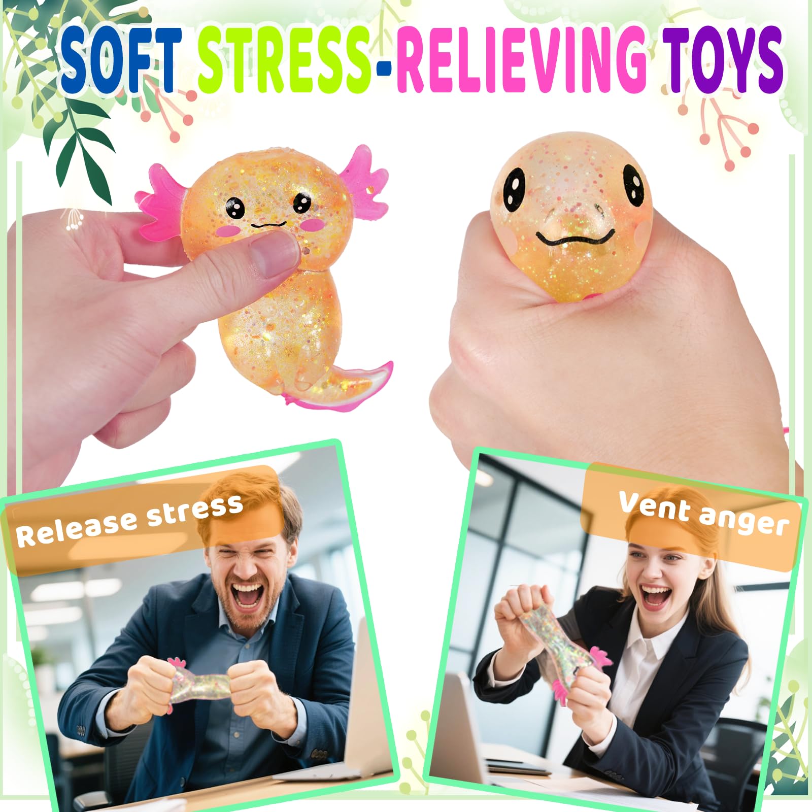 Puffwize axolotl squishy toy orange glitter texture, satisfying squeeze for sensory exploration.