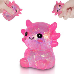 Puffwize Axolotl Squishy Toy pink close-up highlighting soft squeeze for stress relief.