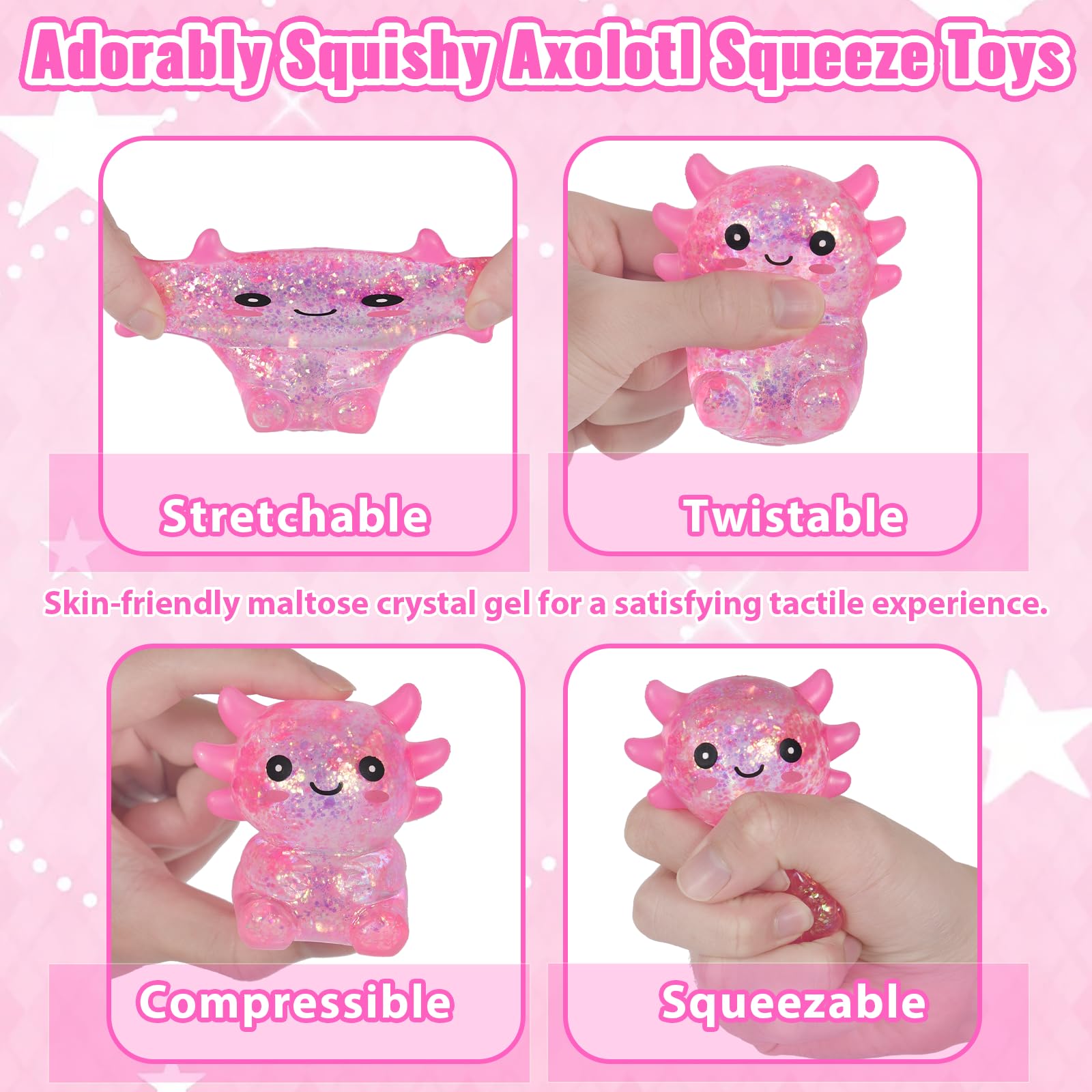 Puffwize Axolotl Squishy Toy pink in hand demonstrating portable fidget for focus.