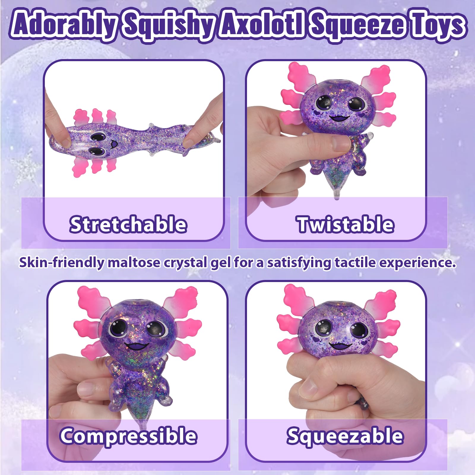 Puffwize Axolotl Squishy Toy smiling expression encourages focus and calm.