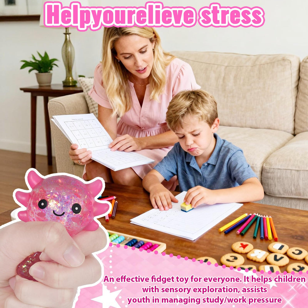 Puffwize Axolotl Squishy Toy in study session for focus support.