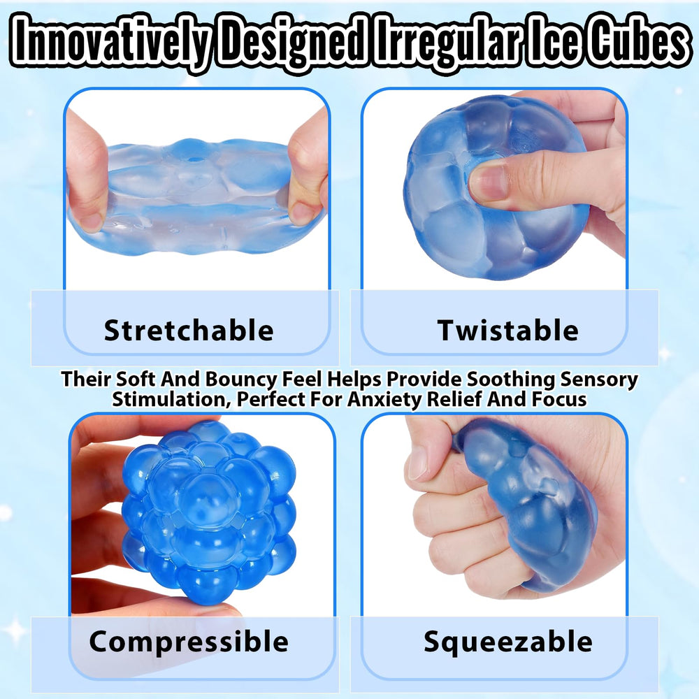 Puffwize Ice Cube Squishy Blue in hand, illustrating portable stress relief for kids and adults.