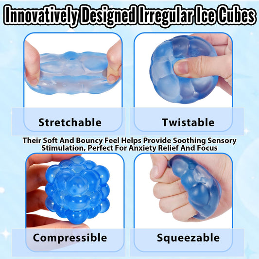Puffwize Ice Cube Squishy Blue in hand, illustrating portable stress relief for kids and adults.