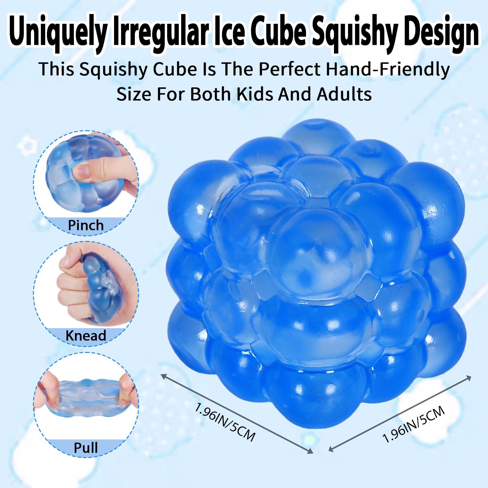 Puffwize Ice Cube Squishy Blue tilt view highlighting irregular block design for sensory engagement.