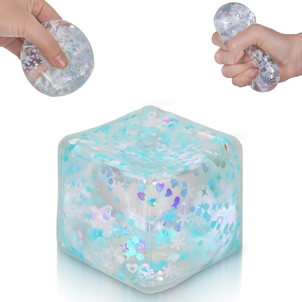Puffwize Ice Cube Squishy Toy with green snowflake pattern, ideal for quick desk stress relief.