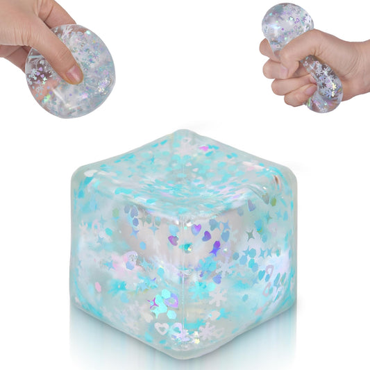 Puffwize Ice Cube Squishy Toy with green snowflake pattern, ideal for quick desk stress relief.