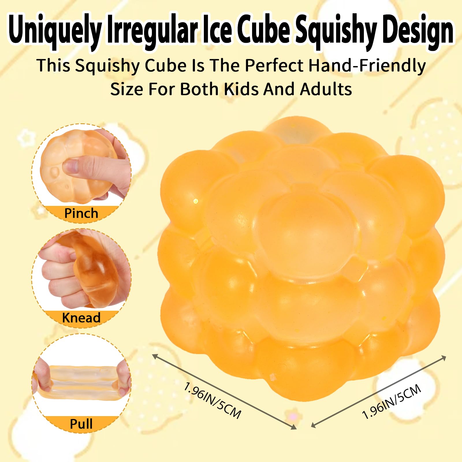Puffwize Ice Cube Squishy Toy yellow irregular shape on desk