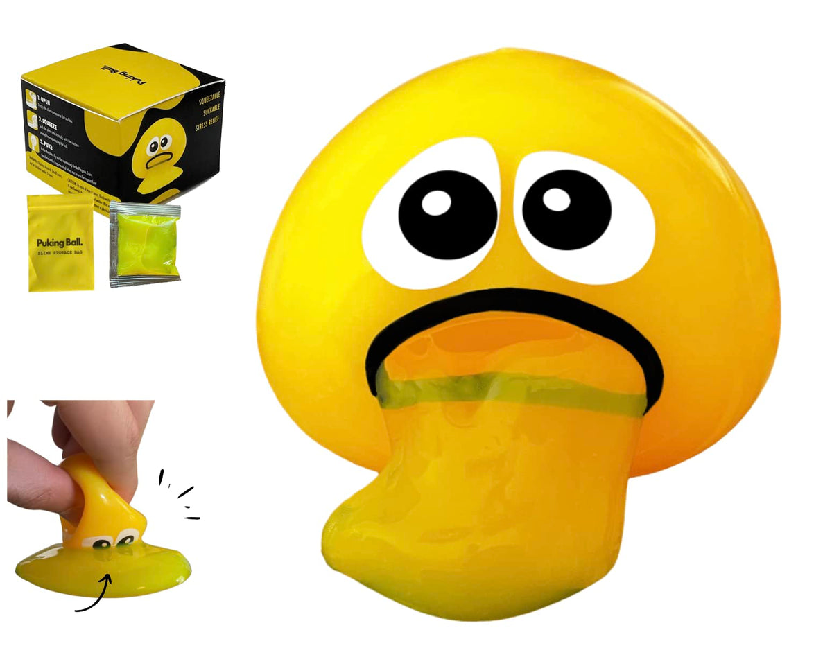 Puking Ball stress ball in hand for tactile relief and focus.