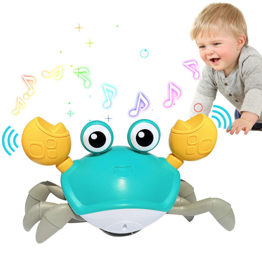 PULASIDO baby crab toy performing sideways crawl with engaging lights to support tummy time play.