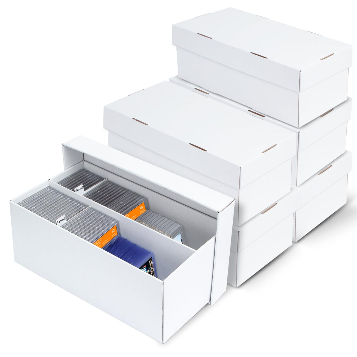 Pulchra 6-pack graded card storage box top view with organized PSA slabs for easy access