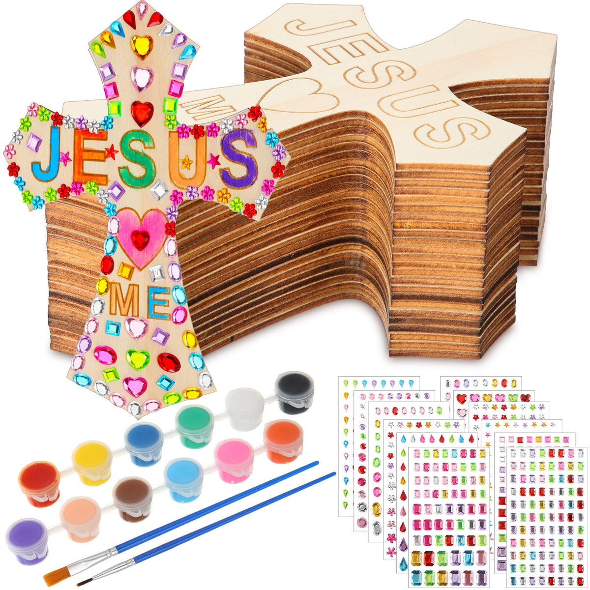 PullCrease wooden cross craft kit with 24 crosses for kid-friendly Sunday school projects