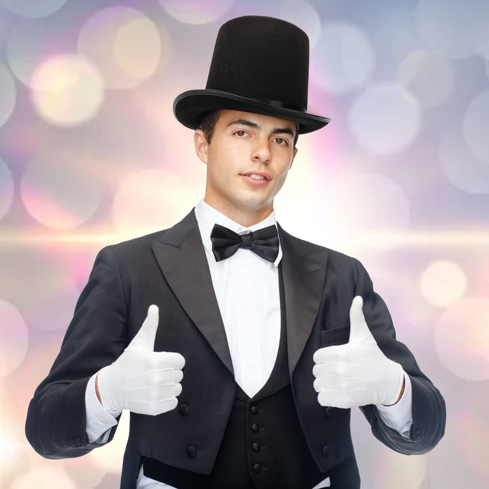 Pumtus satin-lined stovepipe top hat offers refined silhouette and vintage charm.