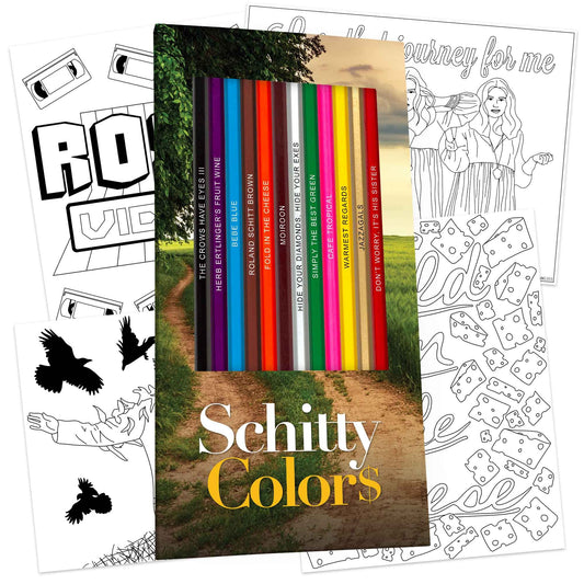 Pun Labs colored pencils for adults with 12 Schitty colors, ready to color.