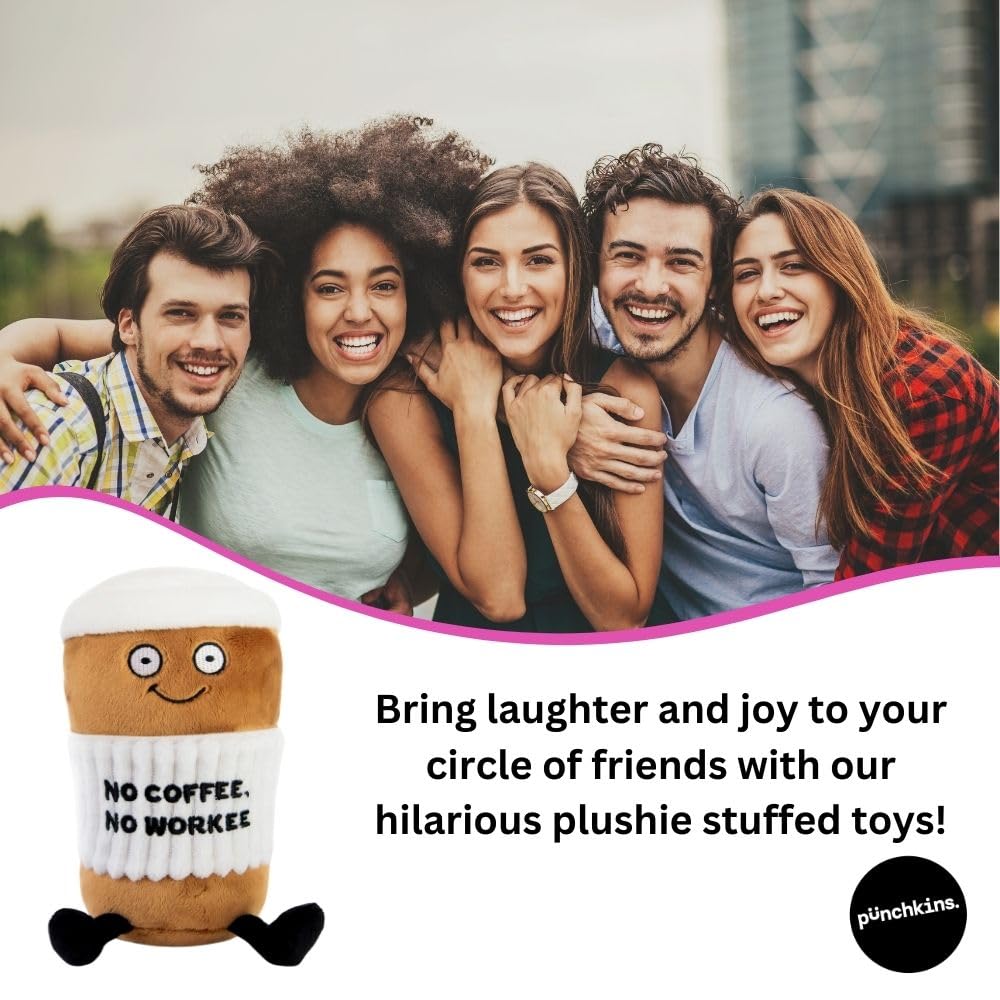 Punchkins Coffee Plushie weighted bead base keeps it stable on shelves or desks.