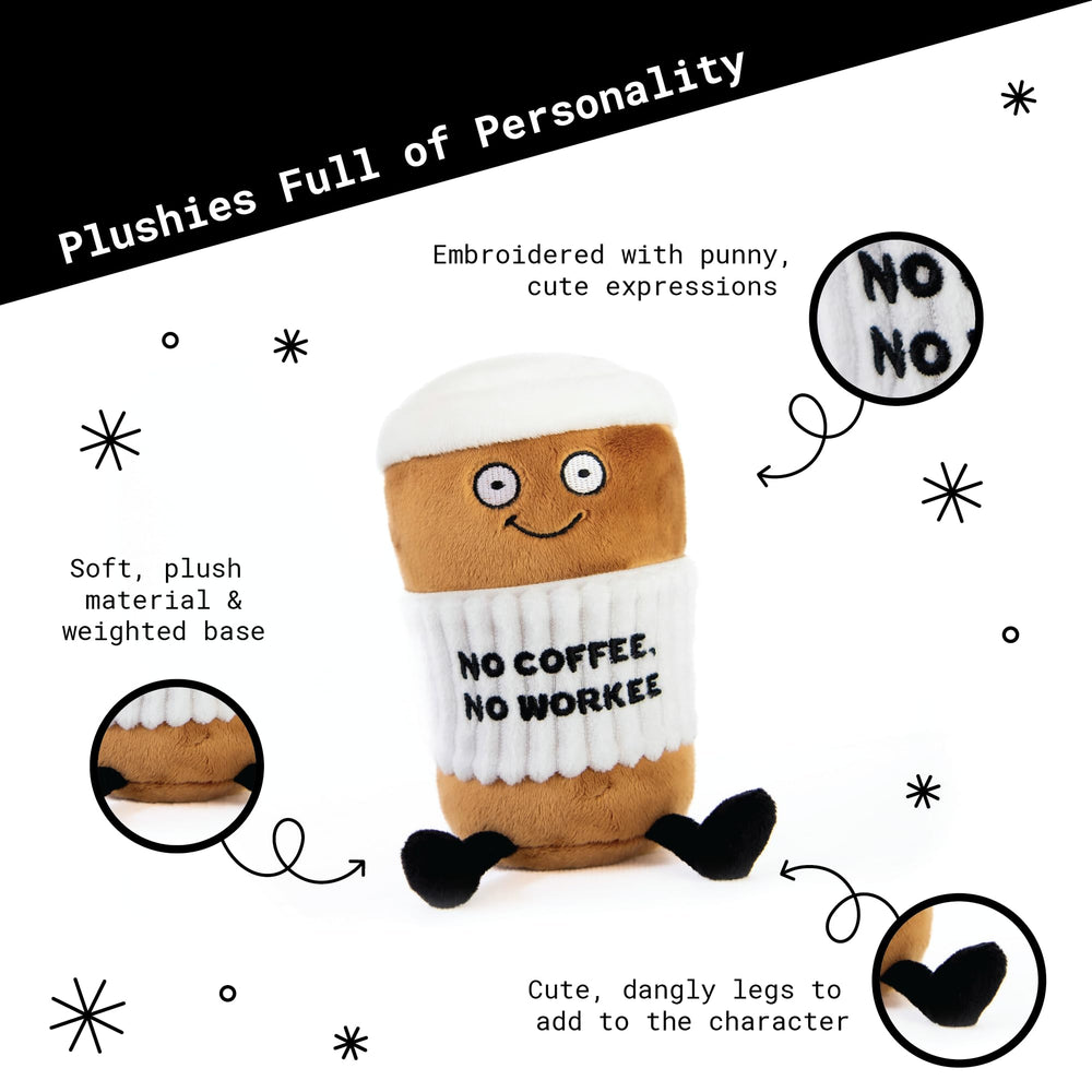 Punchkins Coffee Plushie with coffee cup prop offers humorous contrast for gifting.