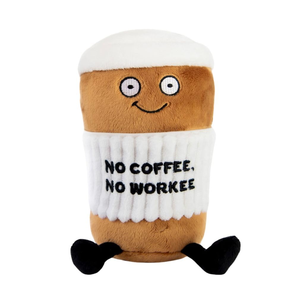 Punchkins Coffee Plushie No Coffee Workee full stands upright for a playful desk display.