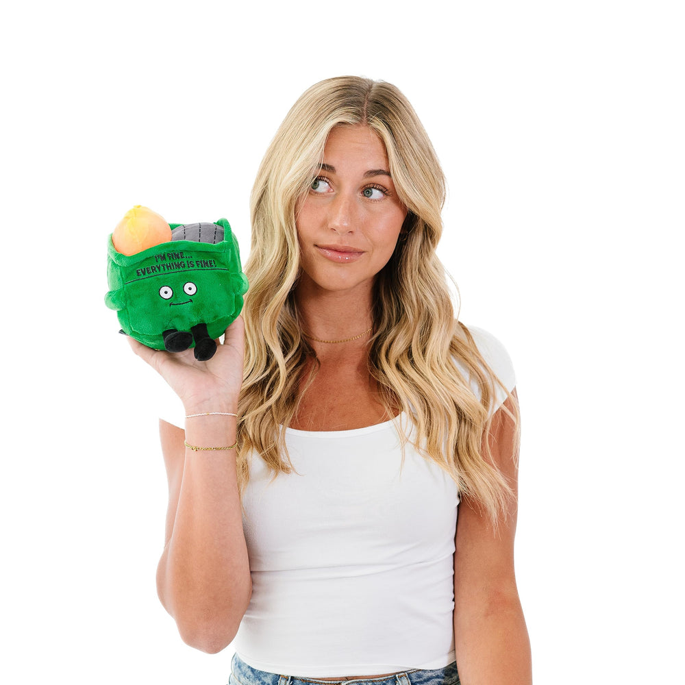Punchkins Dumpster Fire Plushie embroidery details celebrate witty punchlines with durable, soft fabric.