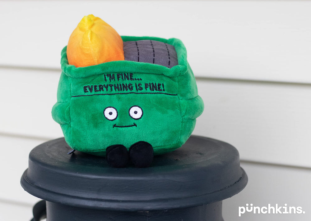 Punchkins Dumpster Fire Plushie side view shows the bead-filled base that helps it stand upright.