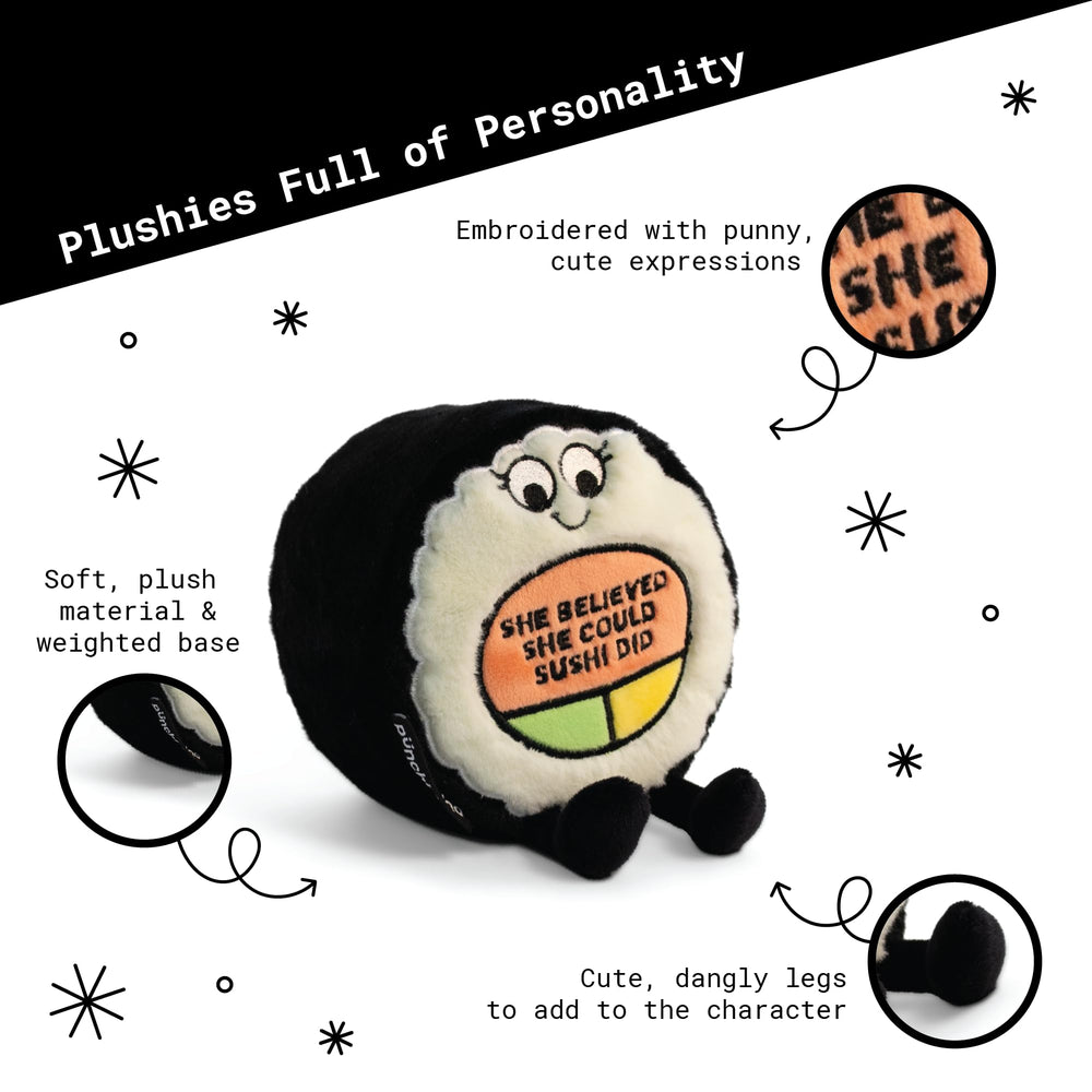 Punchkins weighted base keeps the plush upright on shelves.