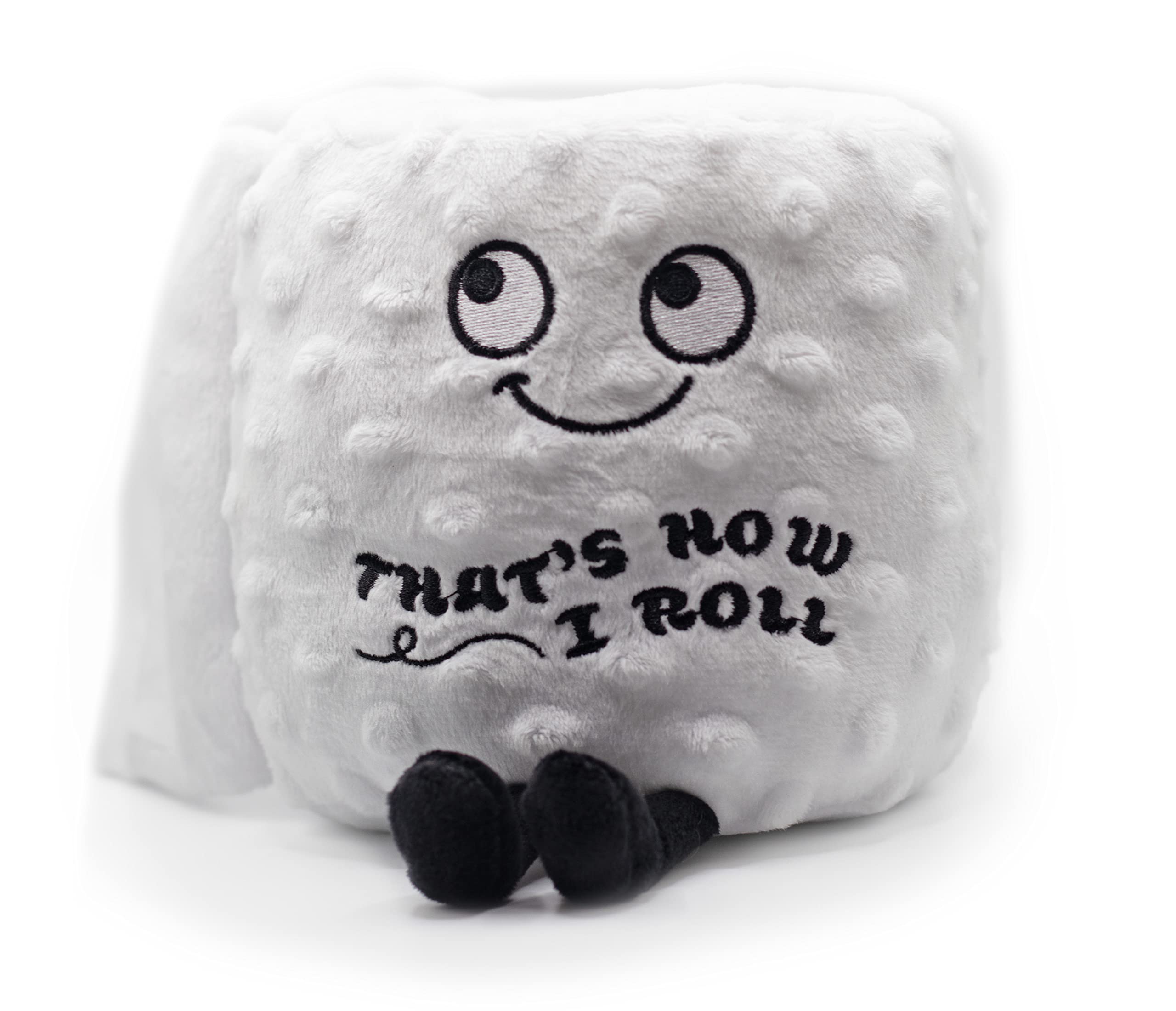 Punchkins toilet roll plushie standing upright on a shelf for playful decor