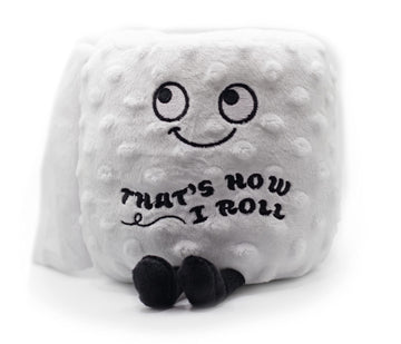 Punchkins toilet roll plushie standing upright on a shelf for playful decor