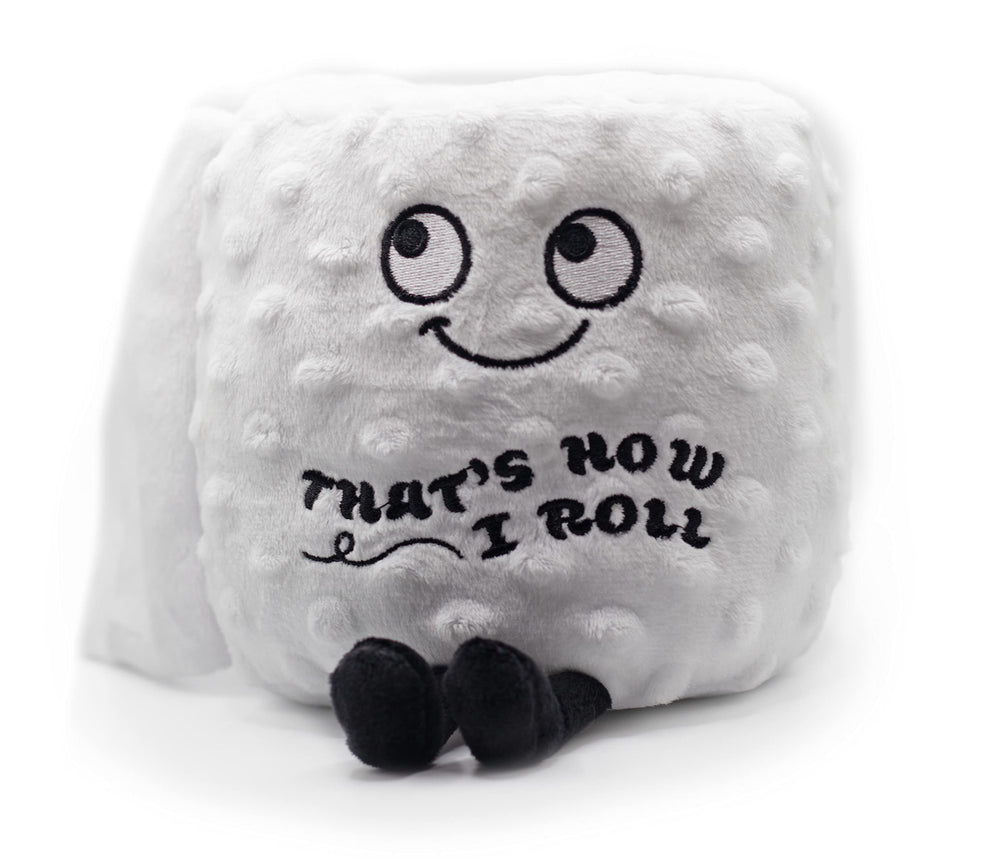 Punchkins toilet roll plushie standing upright on a shelf for playful decor