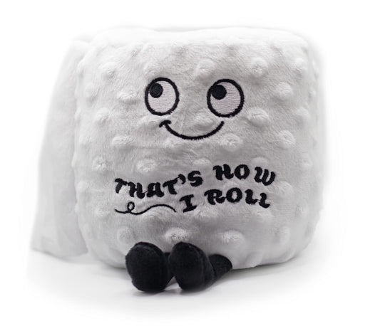 Punchkins toilet roll plushie standing upright on a shelf for playful decor