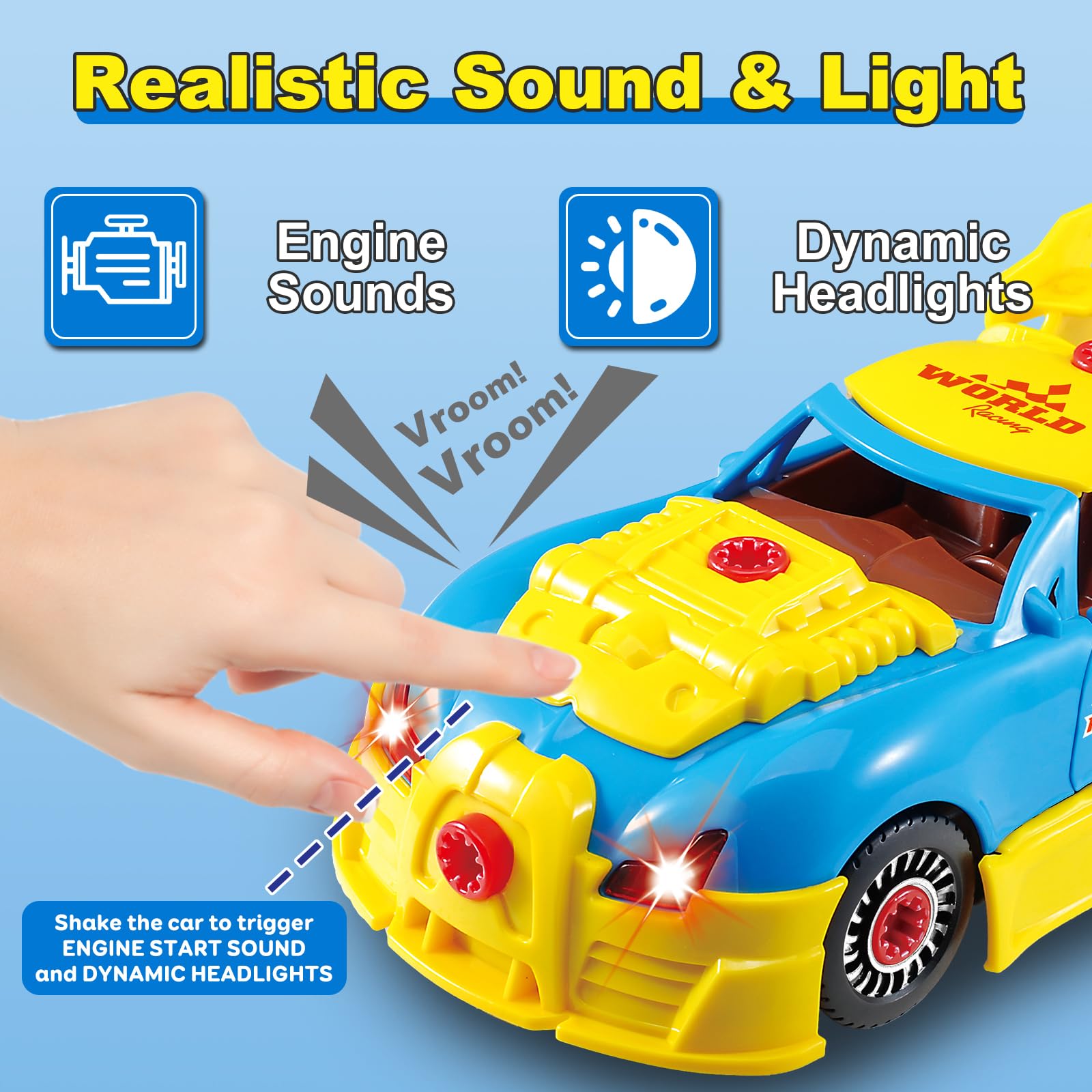 Pup Go realistic lights and sounds enhance immersive racing car play.