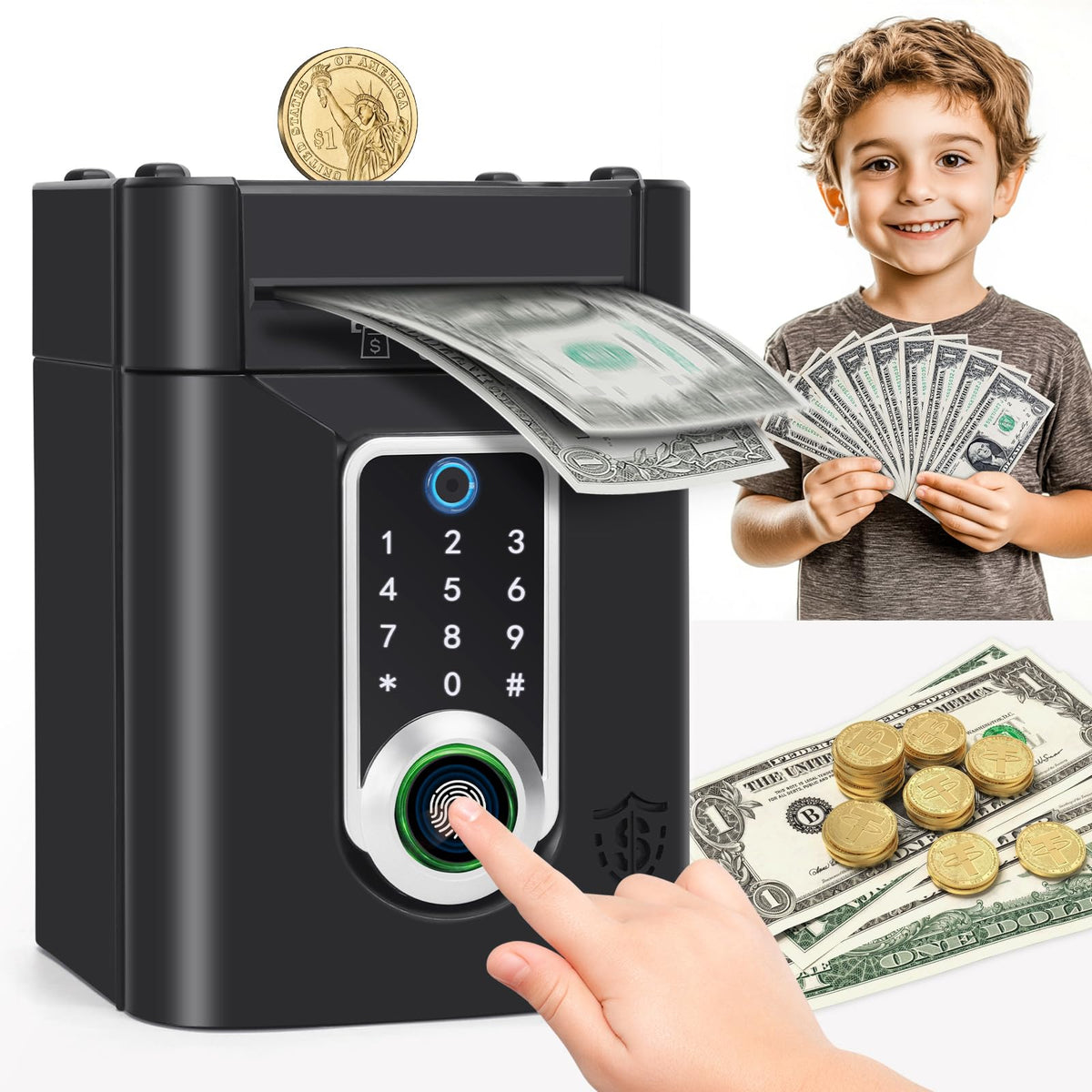 Pupidiu fingerprint piggy bank front view shows kid-friendly design for easy saving.