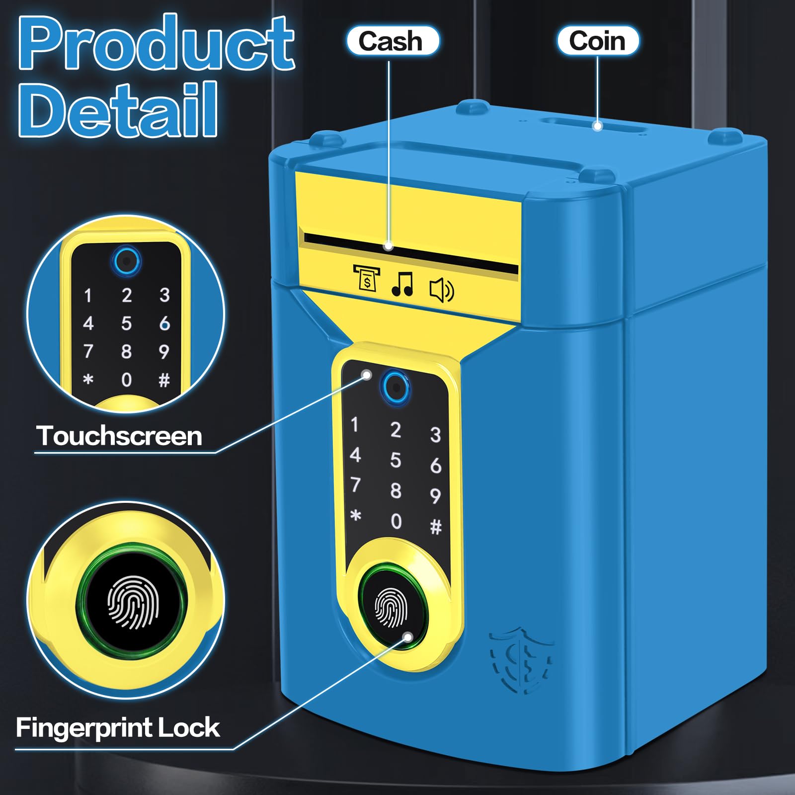Pupidiu Fingerprint Piggy Bank side view highlights compact construction.