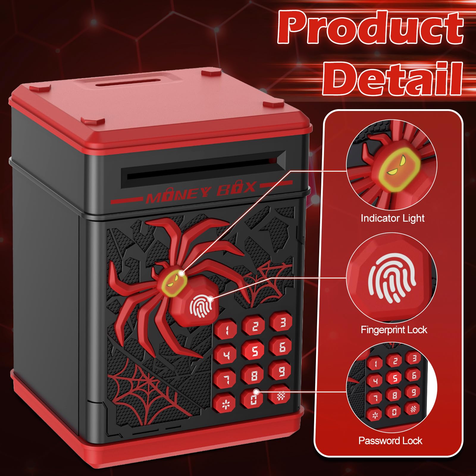 Pupidiu Spider Fingerprint Piggy Bank top view highlights password button and sensor.