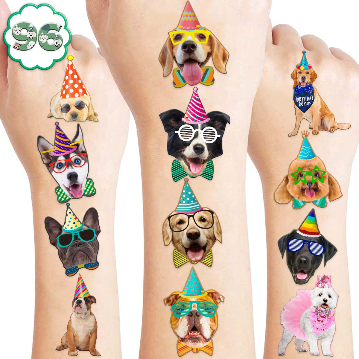 Puppy Theme Dog Tattoos pack cover showing colorful designs for party favors.