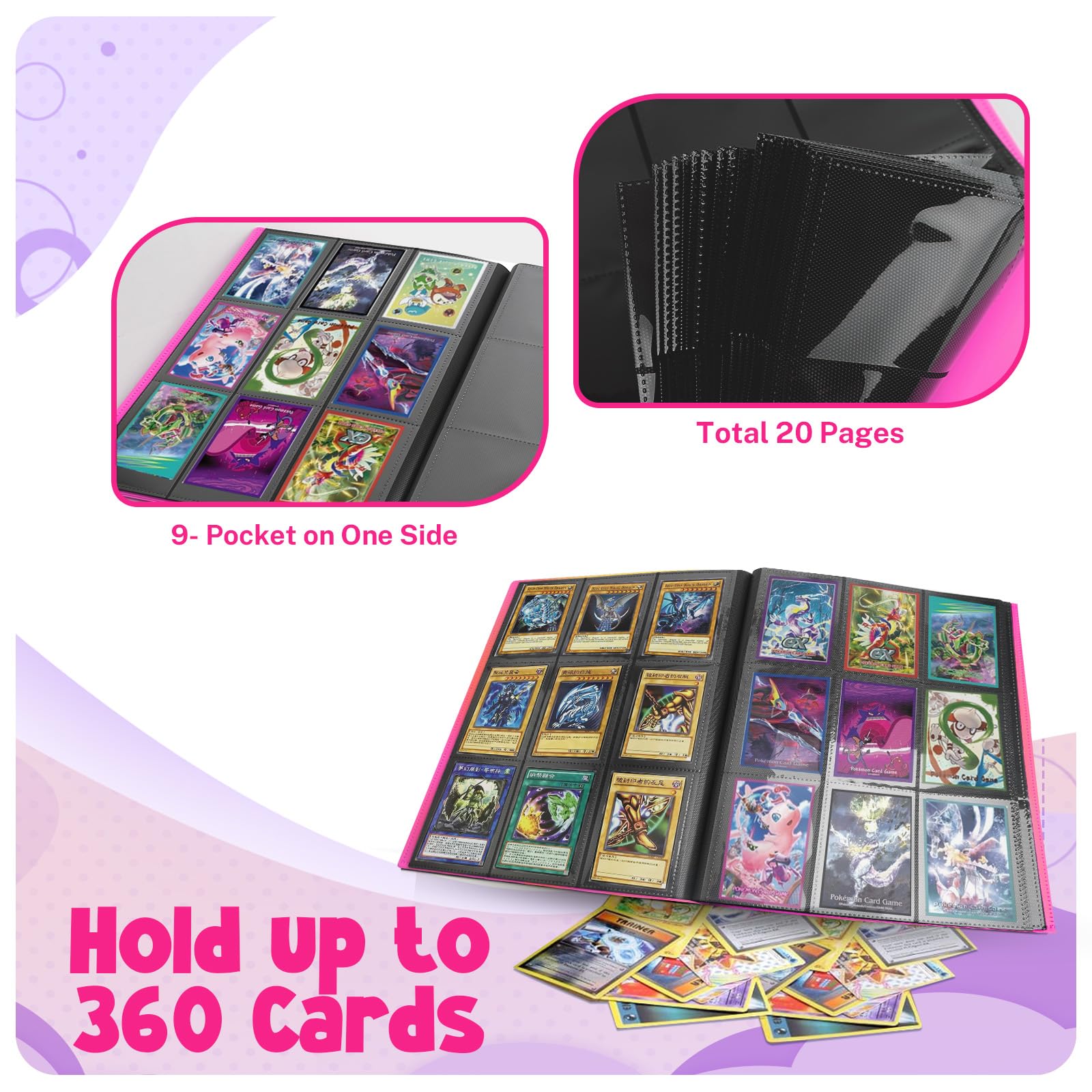 PUPTILY card binder shows 20 pages and 360-card capacity for growing collections.