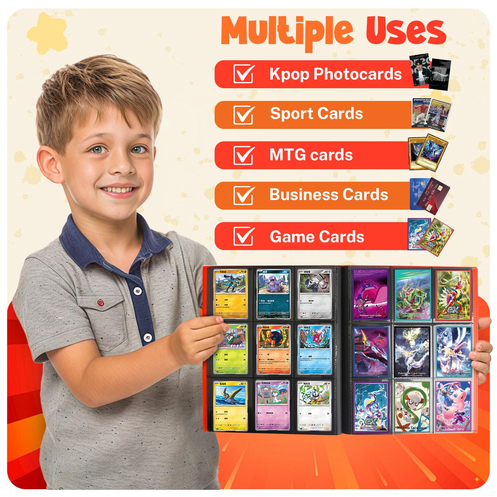 PUPTILY Card Binder compatibility chart shows MTG, baseball, Yu-Gi-Oh and more