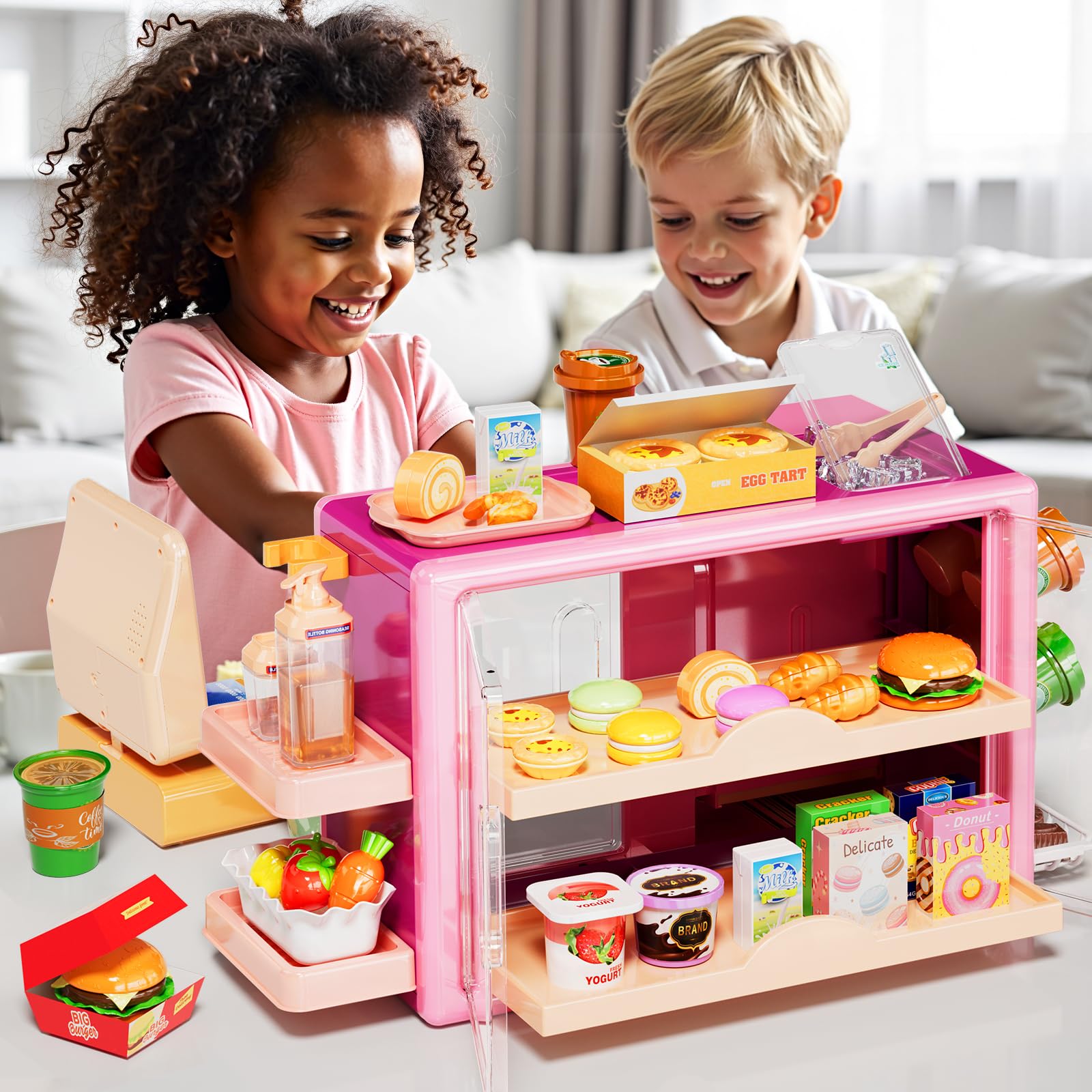 Pupu Pig food display cabinet showcasing pretend goods for sorting.