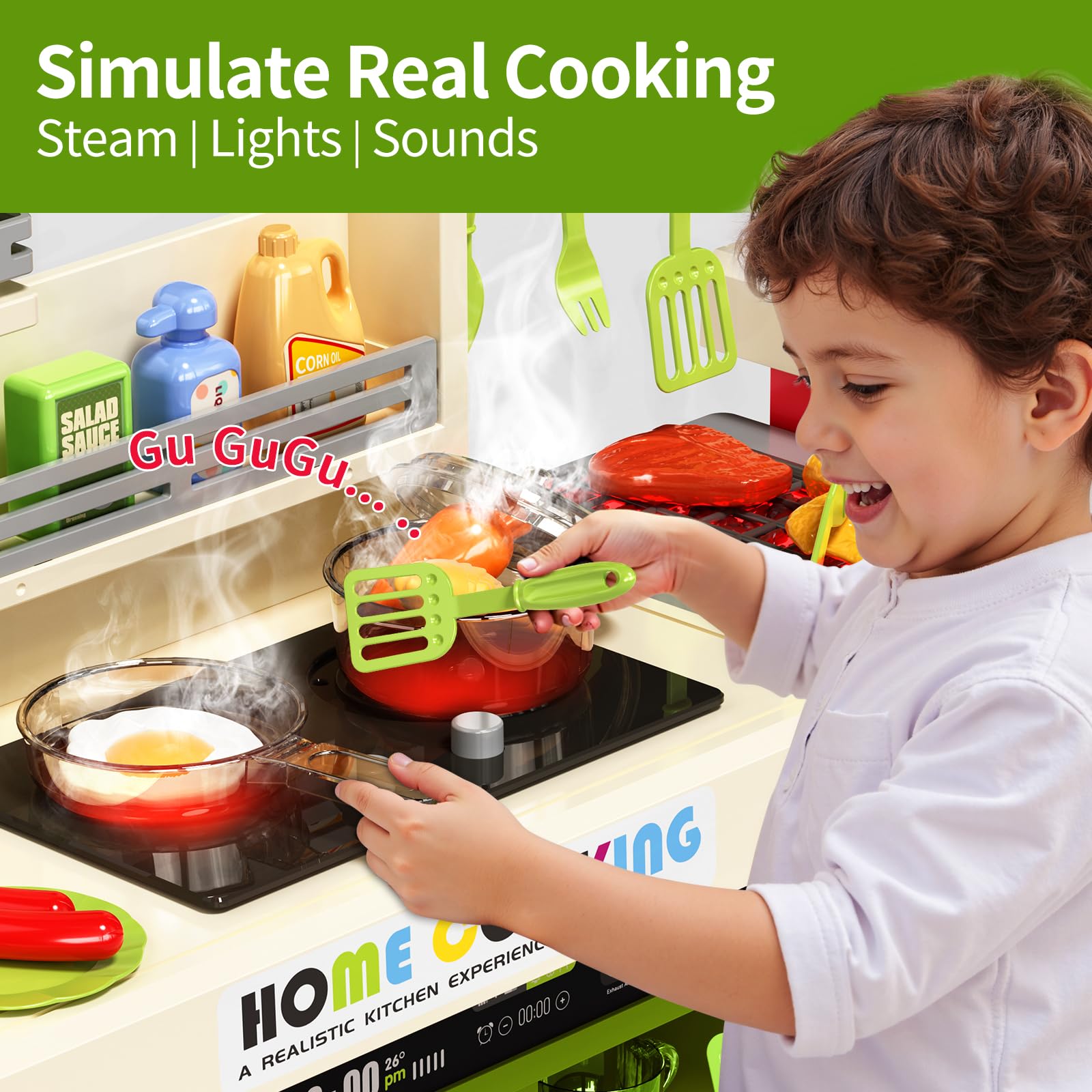 Pupu Pig playset grill with flickering lights and sizzling sounds for barbecue play.