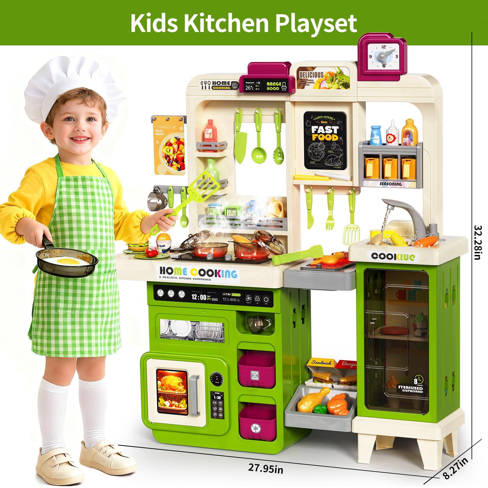 Pupu Pig kitchen toy foods, pots, pans, and utensils for role play.