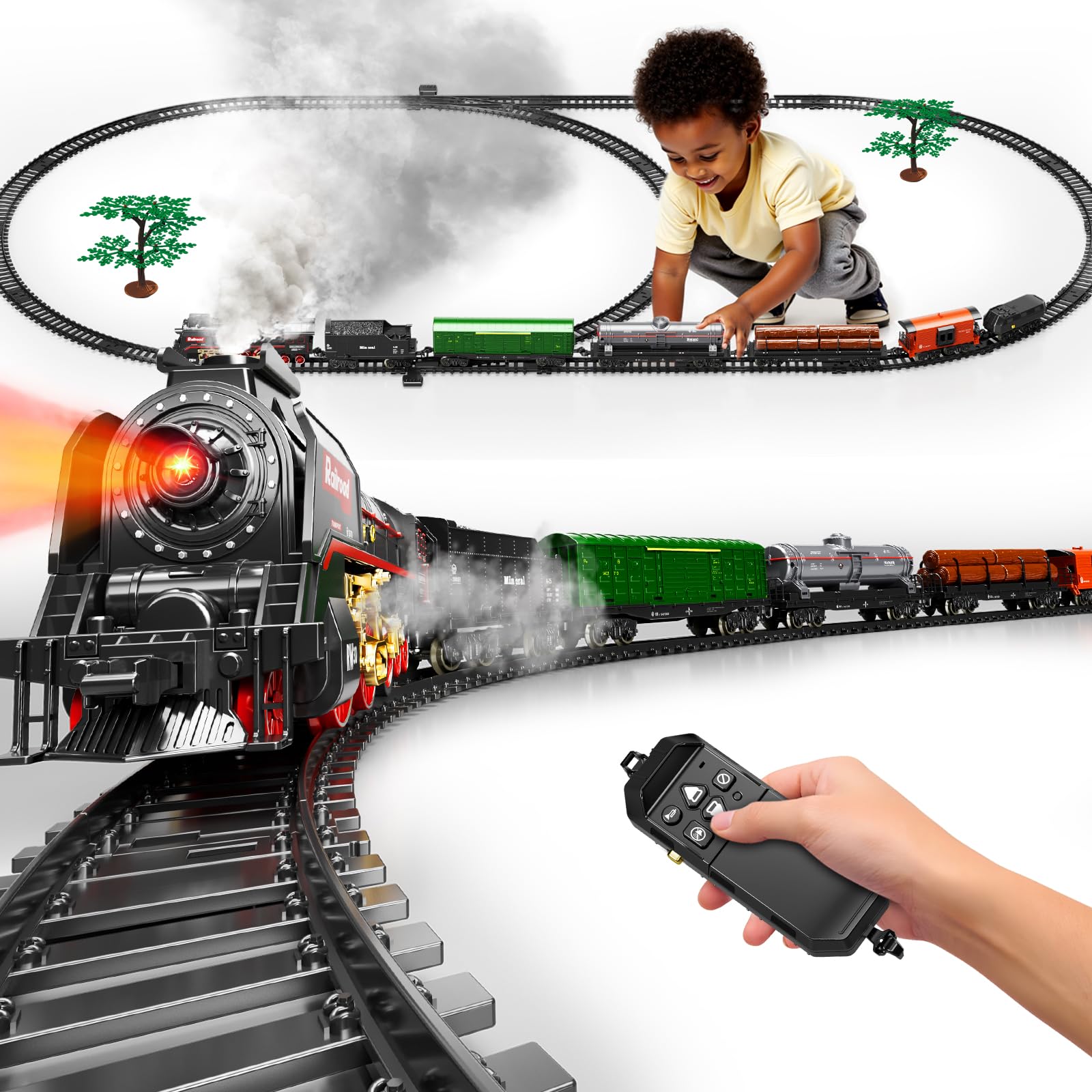 Pupu Pig model train set locomotive with 3-way smoke for immersive play
