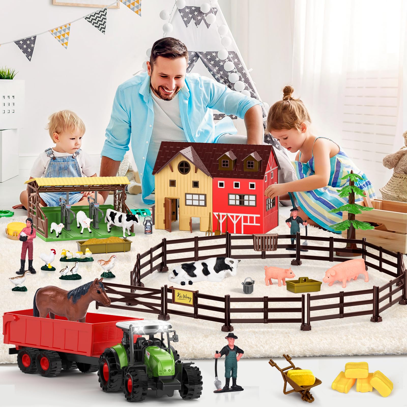 Pupu Pig tree and hay bales enhance ambient farm scenery for play