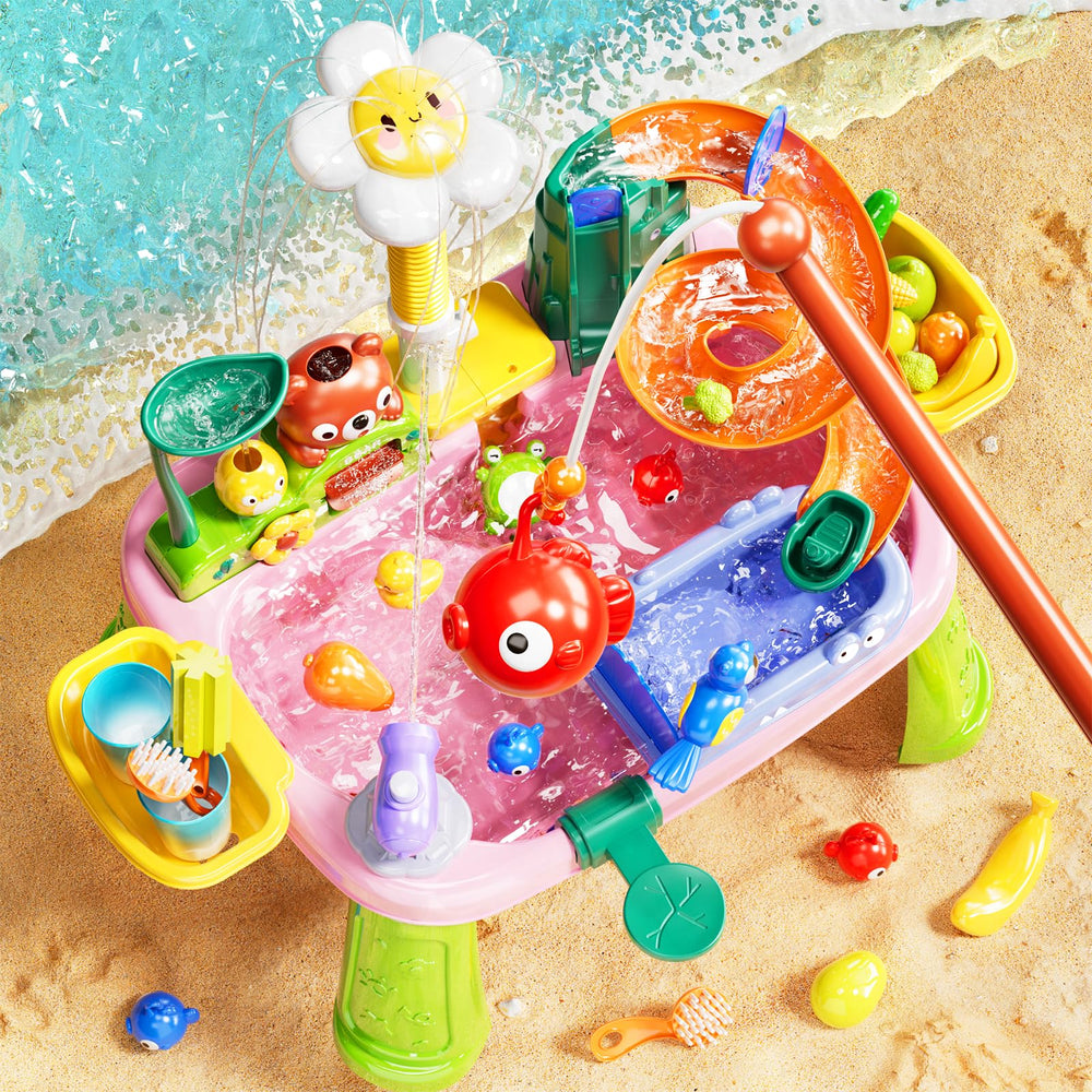 Pupu Pig water table featuring floating fishing game to encourage hand-eye coordination